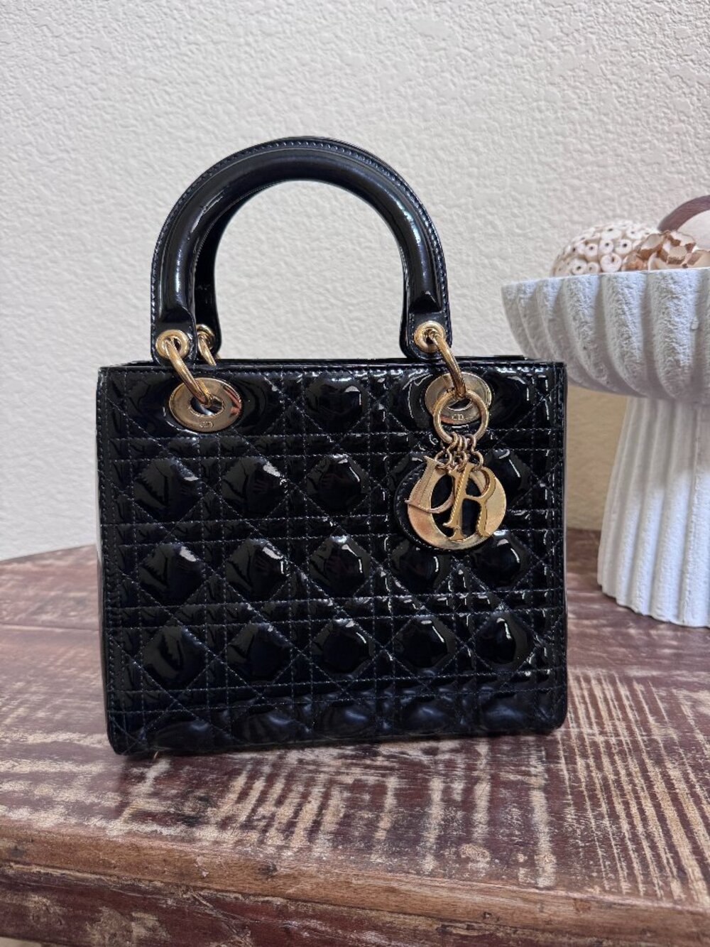 Christian Dior Lady Dior Black Patent Leather Cannage ZipTop Bag Authentic + COA
